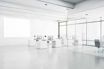 Blank white poster on light wall in modern office hall with white furniture, conference room with glass walls and city view. Mockup