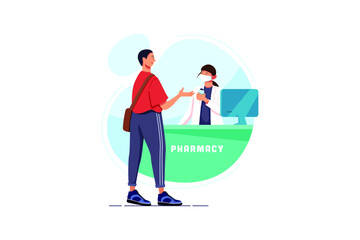 Pharmacist at counter in pharmacy.Man buys drugs at the pharmacy.