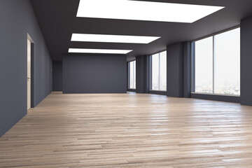Blank black office space, black blank wall in background, panoramic windows, wooden floor, black ceiling. Mockup