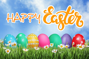 Happy Easter. Bright eggs and spring flowers on green grass outdoors