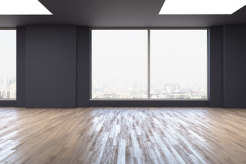 Abstract office room with panoramic window and city view, black ceiling and walls.