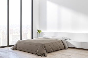 Cozy bed in modern style bedroom with windows to floor, city view, and light decoration details