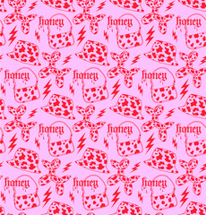 Seamless pattern with dog, bag, flash and hat in pink and red colors
