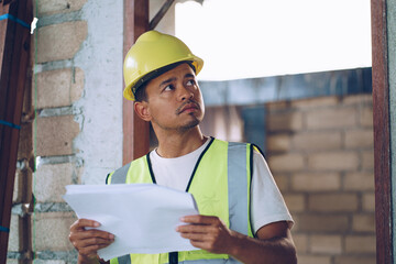 Foreman working in modern house building with notebook