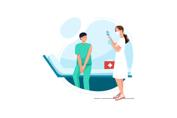 Young man at vaccination with woman nurse with syringe.