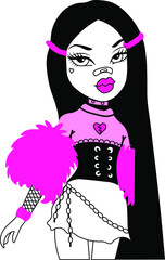 Doll vector illustration in pink and black colors 
