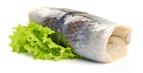 Fillet of pickled herring, isolated on white background. High resolution image.