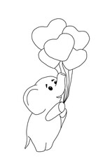 The outline of the of little elephant flying on five heart-shaped balloons