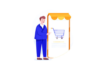 Happy businessman stand next to a big smartphone with online shop on the screen.