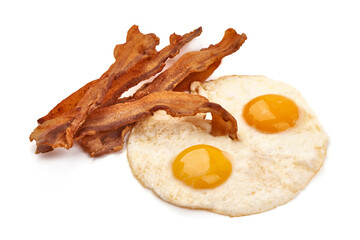 Fried Bacon with eggs, american breakfast, isolated on white background