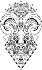 Aries with mandala Tattoo design,Horn sheep line art design for coloring book