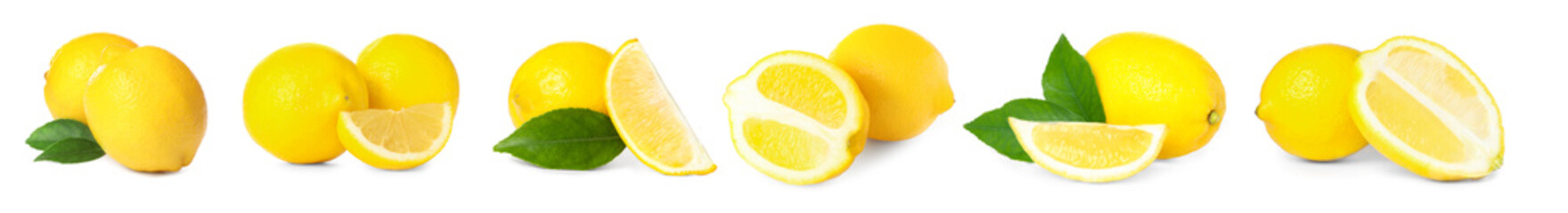 Fototapeta na wymiar Set with fresh ripe lemons on white background. Banner design