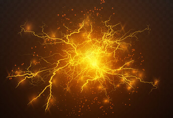 Realistic lightning bolts on a black transparent background. the charge of energy is powerful.Accumulation of electric orange and blue charges.A natural phenomenon. Magic effect. Lightning PNG.  - obrazy, fototapety, plakaty