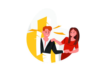 Businessman stuck in piles of papers and woman drags him out. 