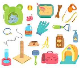 Set of pet care accessories. Collection of isolated pets elements on white background. Various pet supplies. Food, beds, scratching posts, toys for pets. Vector illustration.
