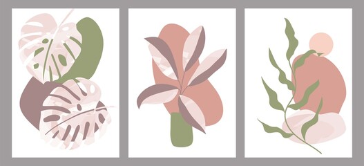 Botanical set of abstract creative hand painted illustrations with decorative branches and leaves. Wall art drawing with abstract shape. For postcard, poster, social media story design.	