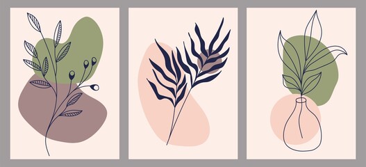 Botanical set of abstract creative hand painted illustrations with decorative branches and leaves. Wall art drawing with abstract shape. For postcard, poster, social media story design.