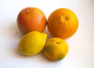 orange, mandarin, grapefruit and lemon on white background