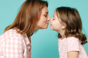 Happy woman in pink clothes have fun with cute child baby girl 5-6 years old Mommy little kid...