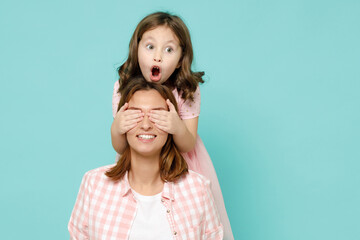 Happy woman in pink clothes have fun with child baby girl 5-6 years old Mommy little kid daughter...