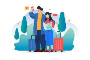 Couple of tourists consulting a city guide and smartphone gps in the street searching locations