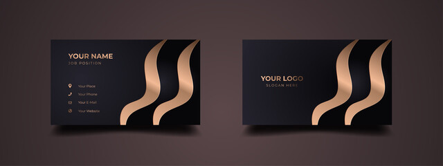 Luxury business card template with golden wavy shape. Suitable for banner, backdrop, background, brochure, etc. Creative trendy fashion element. Vector ready to print.