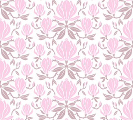 Hand-drawn seamless pattern with magnolia flowers. Colorful floral illustration for paper, gift wrap, wallpapers, fabric, textile design. Textured flowers, leaves, and branches.