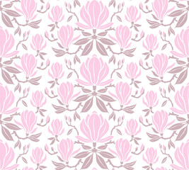 Hand-drawn seamless pattern with magnolia flowers. Colorful floral illustration for paper, gift wrap, wallpapers, fabric, textile design. Textured flowers, leaves, and branches. © Elena