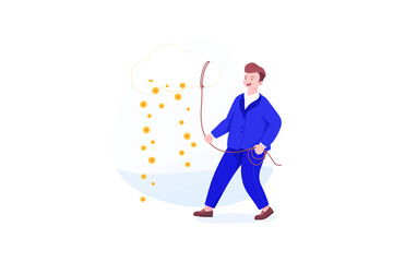 Businessman, cloud and money rain. Vector, illustration