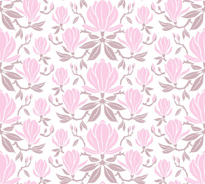 Hand-drawn seamless pattern with magnolia flowers. Colorful floral illustration for paper, gift wrap, wallpapers, fabric, textile design. Textured flowers, leaves, and branches.