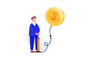 Businessman blowing a balloon in the shape of a gold coin.