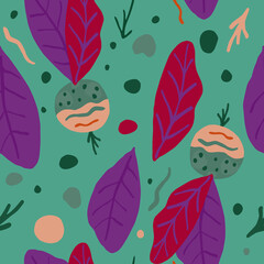 Fototapeta premium Cute radish seamless pattern. radish with leaves backdrop. Green background.