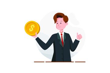 Businessman, cloud and money rain. Vector, illustration
