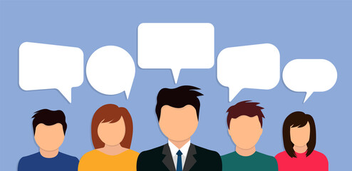 People avatars with speech bubbles.Communication and information concept with men and women chatting. Coworkers, team, thinking, question, idea, brainstorm concept. Vector illustration