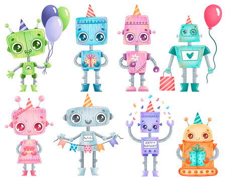 Cute cartoon birthday party robots set isolated on white background