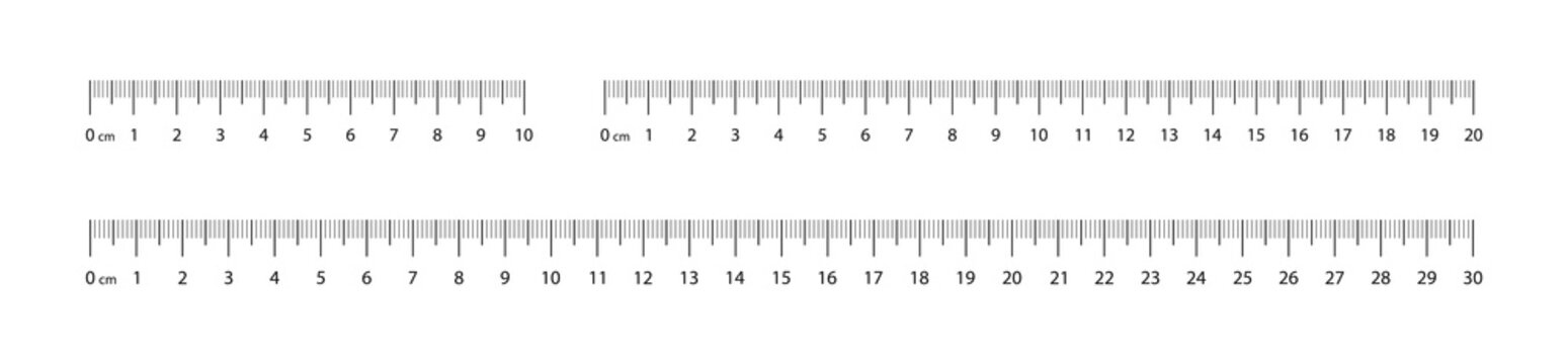 Measuring scale set, marking for ruler, marks for tape measure. Set of scale 10,20, 30 cm. Measuring tool. Ruler scale measure. Vector illustration. EPS 10