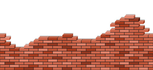 Obraz premium Brick wall broken, 3d view. Red brick texturel seamless pattern for cartoon or game background of building or house demolition. Vector illustration