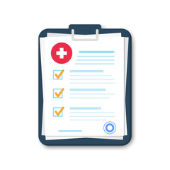 Medical clipboard with completed checklist. Medical report. Hospital checkup document. Diagnostic report icon. Check List Clipboard. Vector illustration. EPS 10 © Vlad
