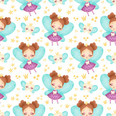 Cute cartoon tooth fairy seamless pattern