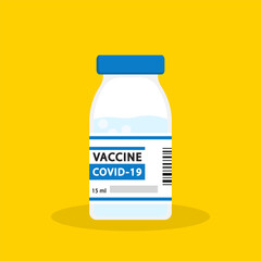 Medicine bottle on yellow background. Covid-19 Coronavirus concept. Vaccination concept. Flat vector illustration