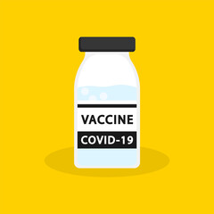 Medicine bottle on yellow background. Covid-19 Coronavirus concept. Vaccination concept. Flat vector illustration