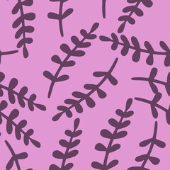 Fototapeta na wymiar Abstract seamless doodle pattern with simple purple branches shapes print. Lilac background.