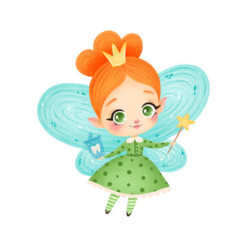 Cute cartoon tooth fairy isolated on white background