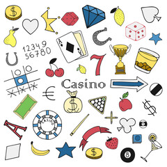 Vector hand drawn doodles with multicolored casino elements on white background