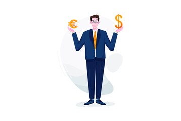Businessman standing with two currency symbols in his hand