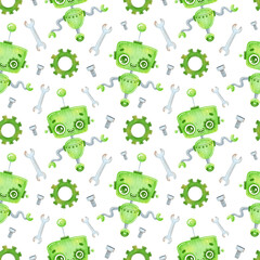 Cute cartoon green robot seamless pattern