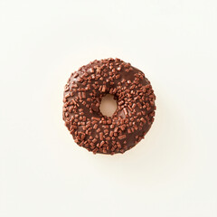 Close up of a freshly baked delicious chocolate donut with sprinkles on white background, macro shot