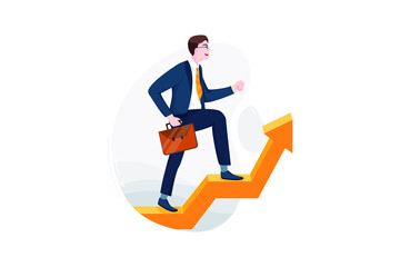 Businessman with the briefcase goes up the large arrow symbol.