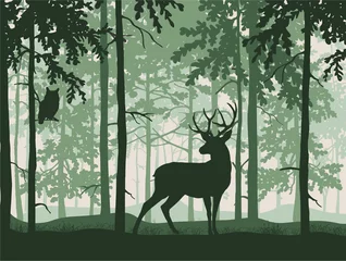 Photo sur Plexiglas Olive verte Deer with antlers posing, forest background, silhouettes of trees. Magical misty landscape. Illustration. 