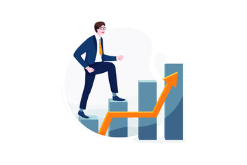 Happy businessman goes up columns with a arrow. Sales increase